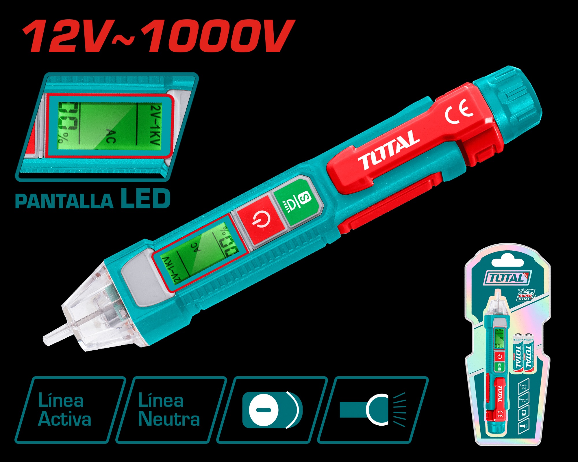 DETECTOR DE VOLTAJE AC LED ALTA 12V-1000V +PILAS TOTAL